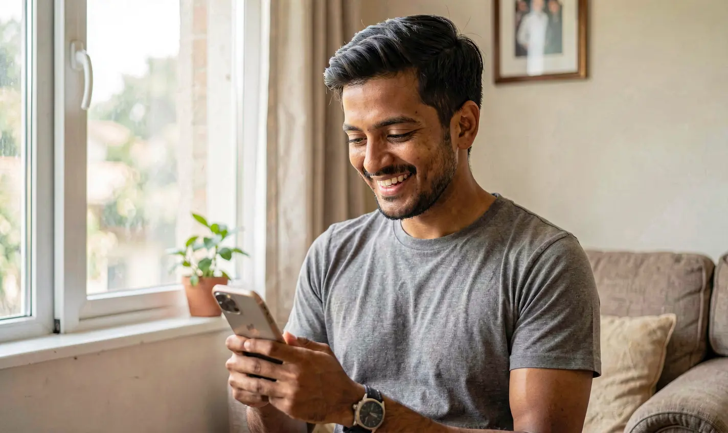 Young Bangladeshi man enjoying mobile gaming on the 786JL app with a cheerful smile and natural daylight from a window