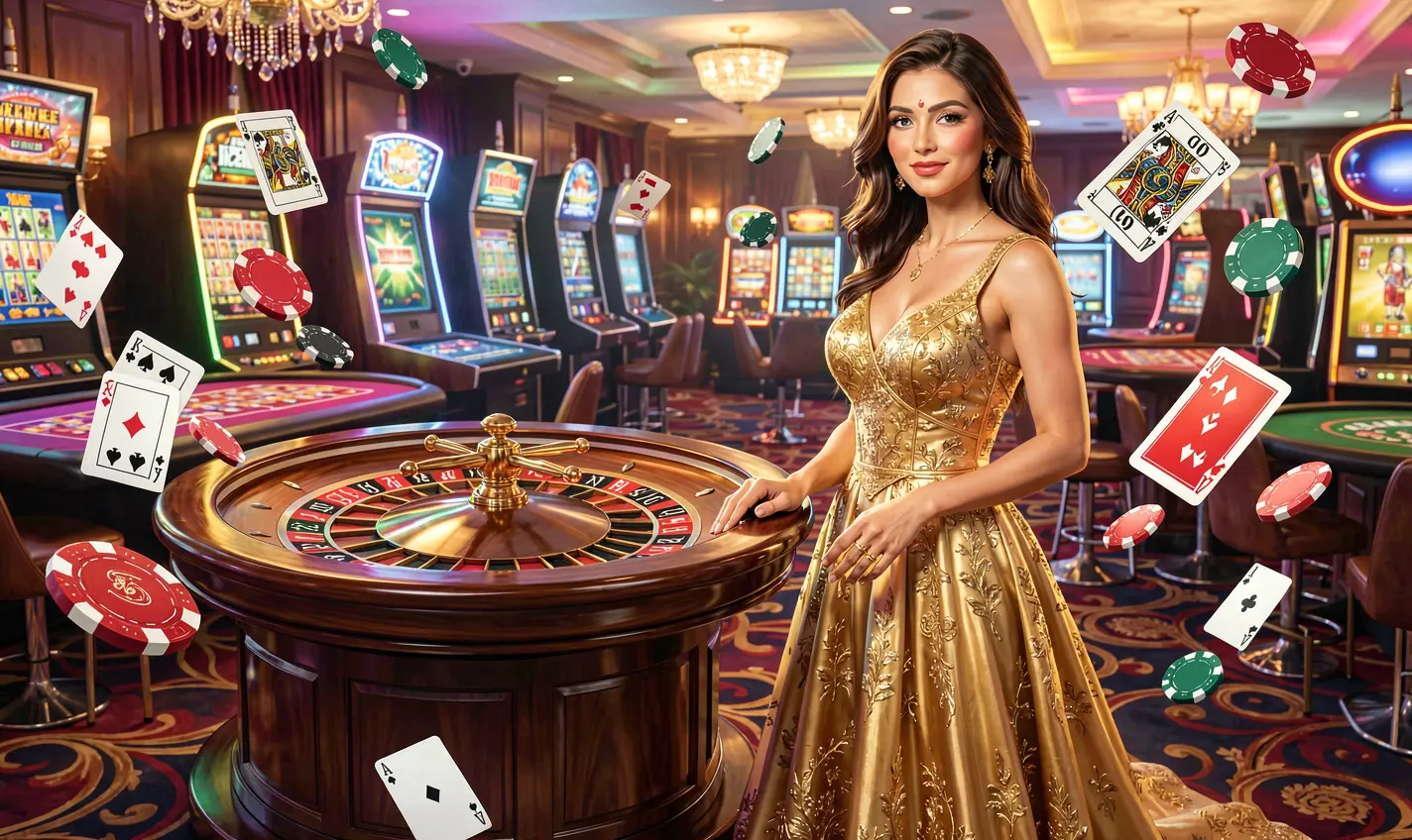 Stylish casino scene with a confident woman in a gold dress near a roulette table and scattered chips representing premium gaming bonuses at 786JL in Bangladesh