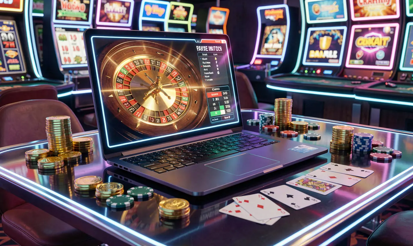 Luxury online casino setup with a laptop displaying a roulette wheel, surrounded by gold coins and poker chips representing high stakes gaming at 786JL