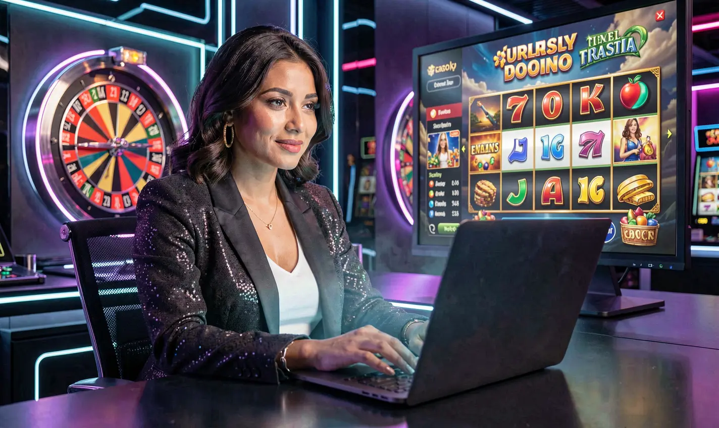Stylish female player enjoying advanced online casino games on a laptop with vibrant roulette visuals on 786JL in Bangladesh