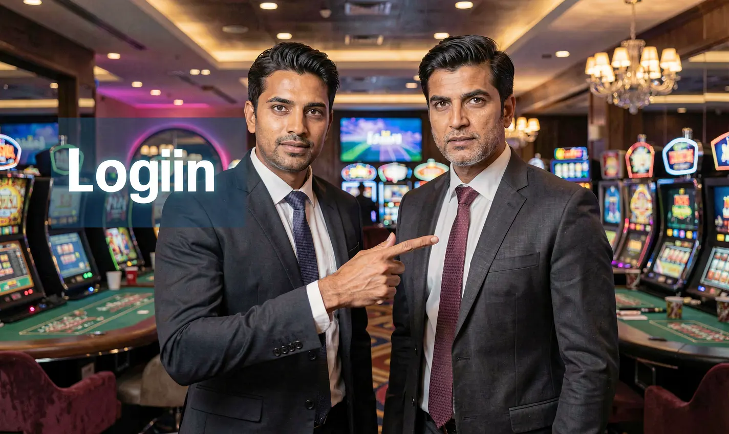Confident Bangladeshi casino dealer pointing toward a glowing login screen in a modern 786JL casino setting