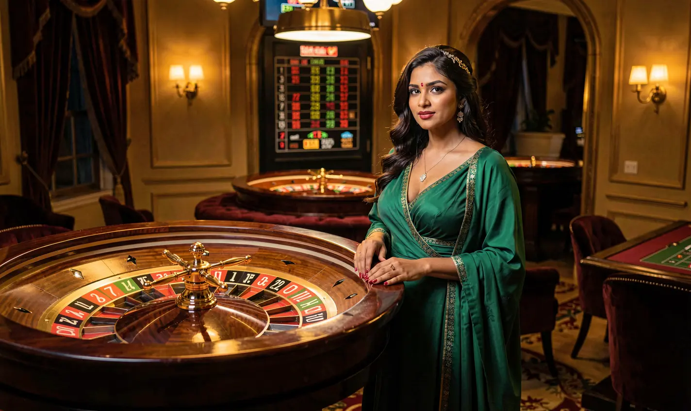 Stylish casino model in a luxury green dress posing near a vibrant roulette wheel showcasing the thrilling atmosphere of 786JL casino in Bangladesh