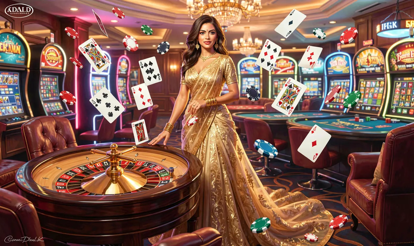 Luxury casino scene with a glamorous woman in a golden dress near a roulette table surrounded by flying chips and cards highlighting the premium gaming atmosphere of 786JL in Bangladesh
