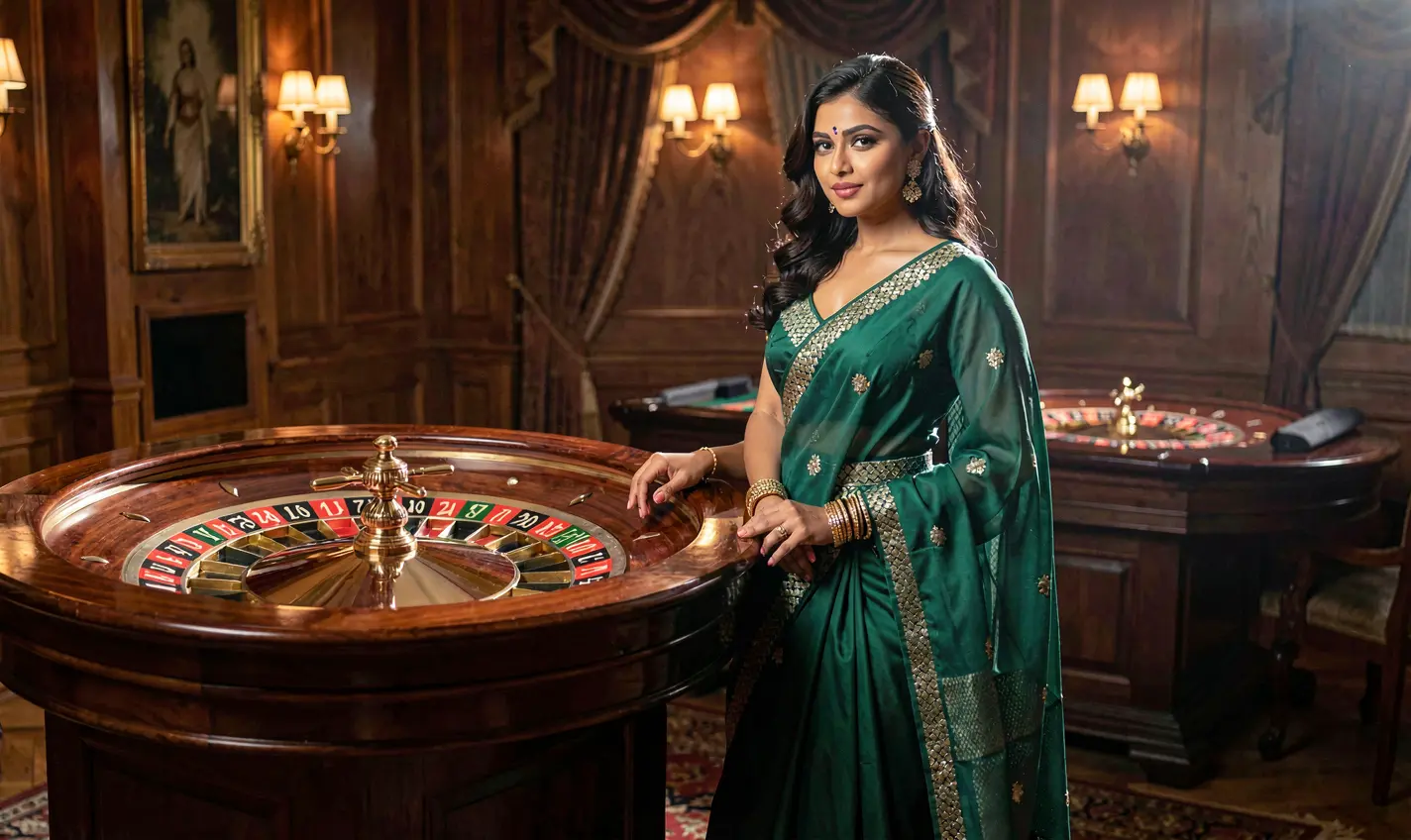 Confident casino player in a luxurious green dress standing by a glowing roulette table inside the premium 786JL casino environment for Bangladesh