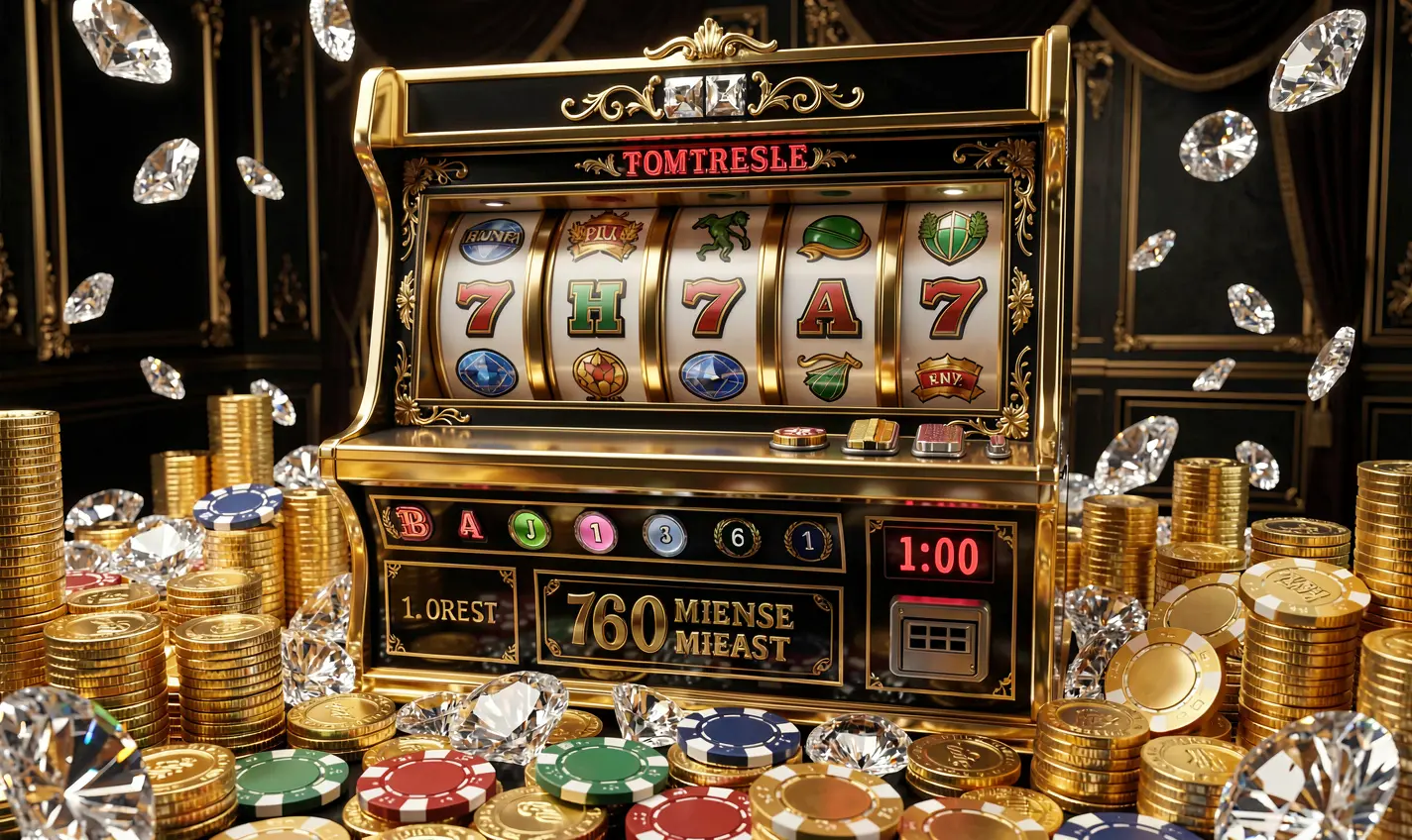 Close up view of a luxury golden slot machine with classic symbols and sparkling effects showcasing premium slot gaming at 786JL casino in Bangladesh